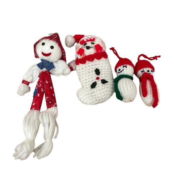 Vintage Crocheted Christmas Ornaments Snowman Mouse in Stocking Elf Pixie Set 4 - Picture 1 of 7